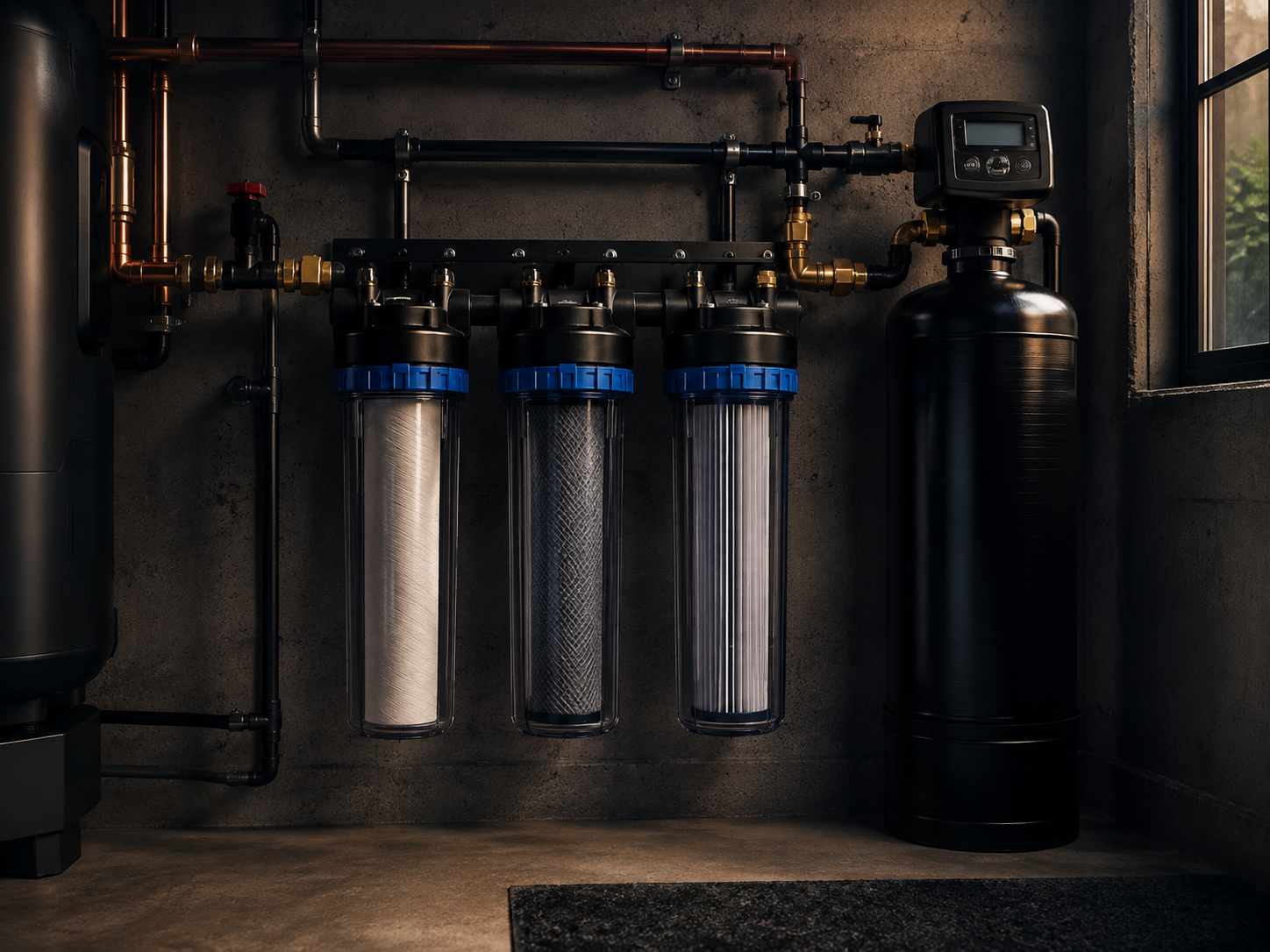 Professionally installed residential water filtration system with filter housings and treatment tank