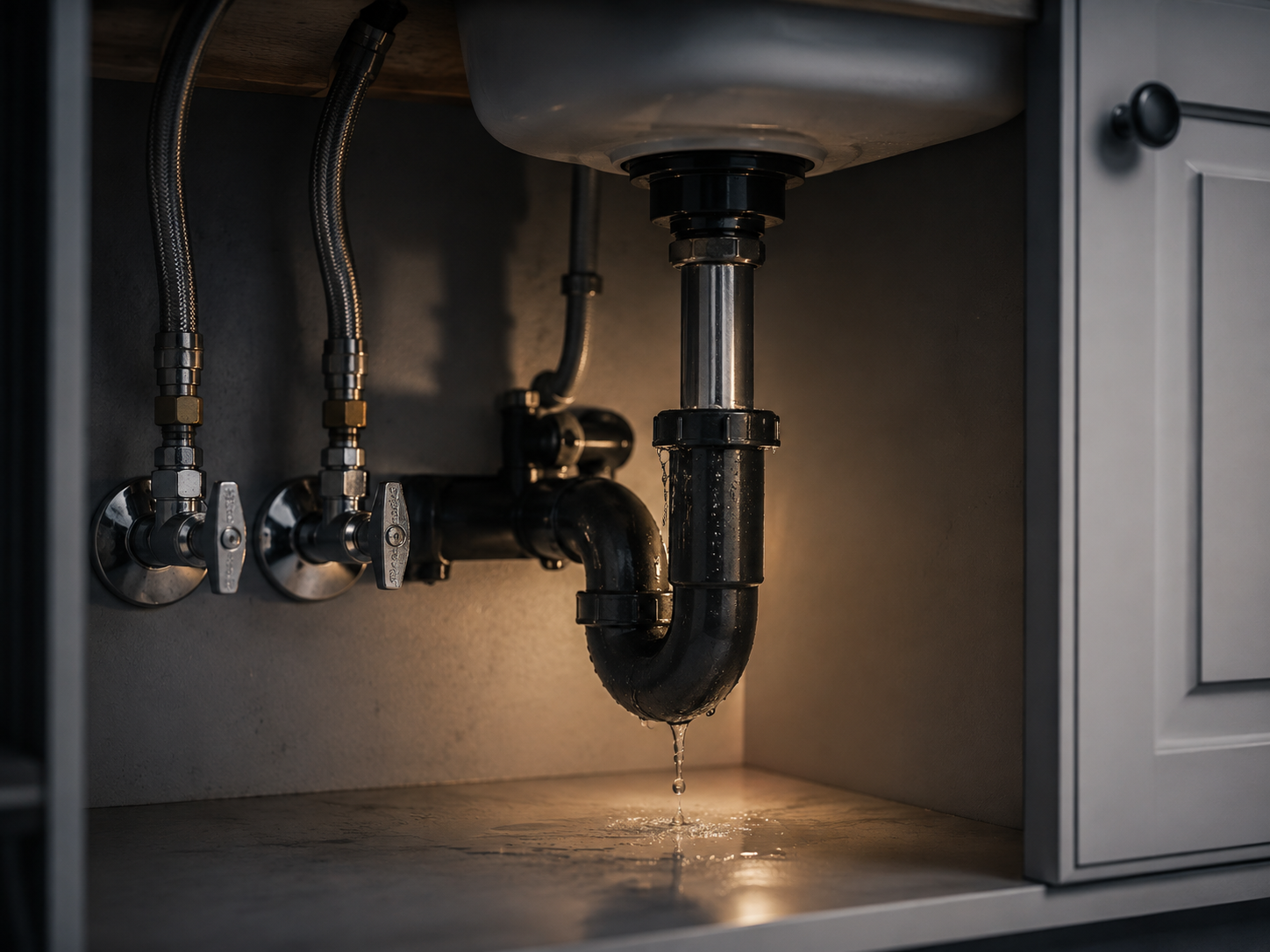 Under-sink plumbing with a visible leak at the drain trap